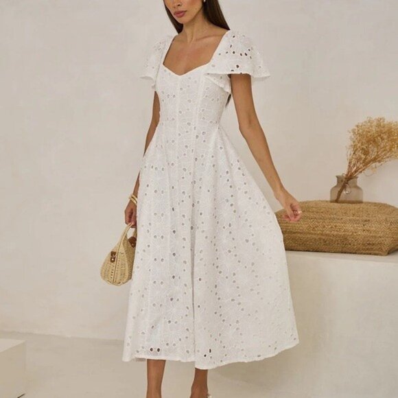 NWT Size MP - Extro&Vert Ada Flutter-Sleeve Broderie Midi Dress - Picture 1 of 13